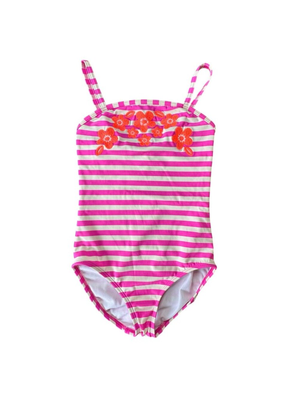 MINI BODEN Floral Embroidered Swimsuit Girls 8-9 Pink Stripe Neon One Piece Swim